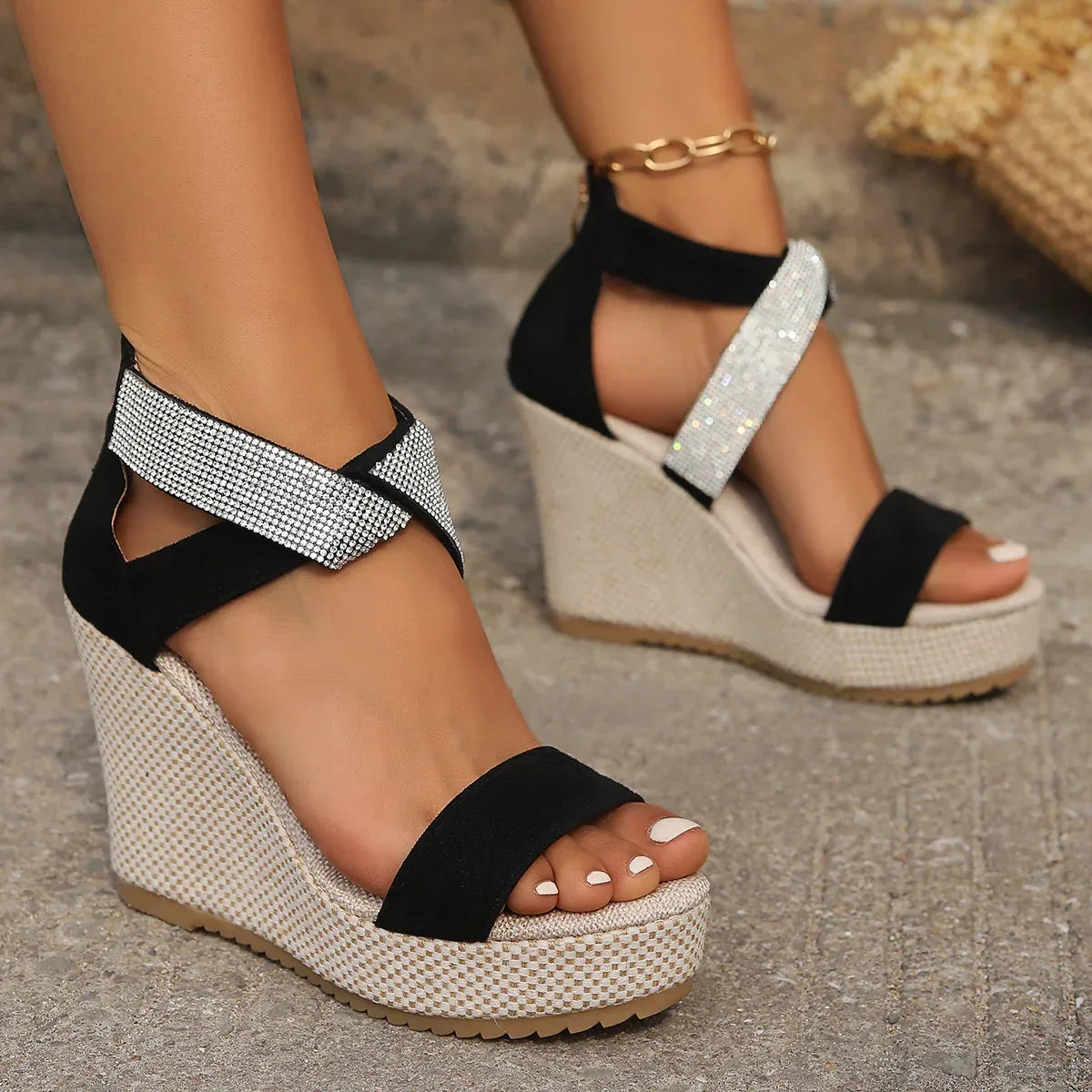 Fish Mouth High Wedges Sandals With Rhinestone Design Fashion Summer Platform Shoes For Women - DanaFashionstore