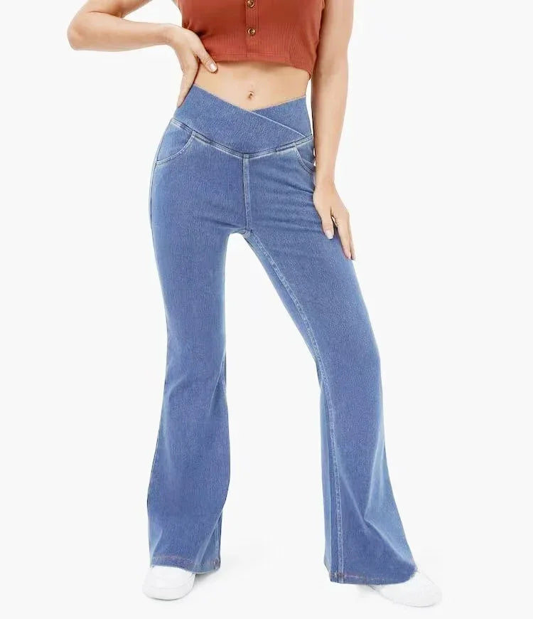 High Imitation Denim Bell-bottom Pants Cross-border Hip Lifting European And American Women Bell-bottom Pants - DanaFashionstore