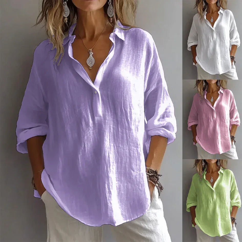 Fashion Long-sleeved Lapel Pullover Shirt Casual Loose Solid Color T-shirt Tops Women's Clothing - DanaFashionstore