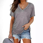 European And American T-shirt Solid Color Casual Loose-fitting V-neck Top - DanaFashionstore