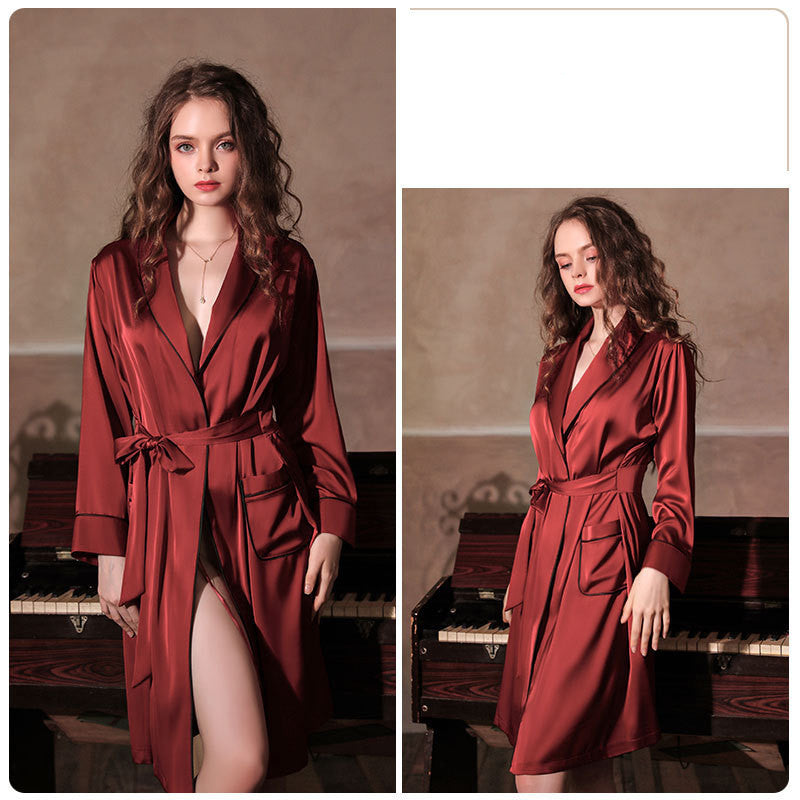 Imitation Silk Private Room Mid-length Nightgown Bathrobe Set - Dana Fashion