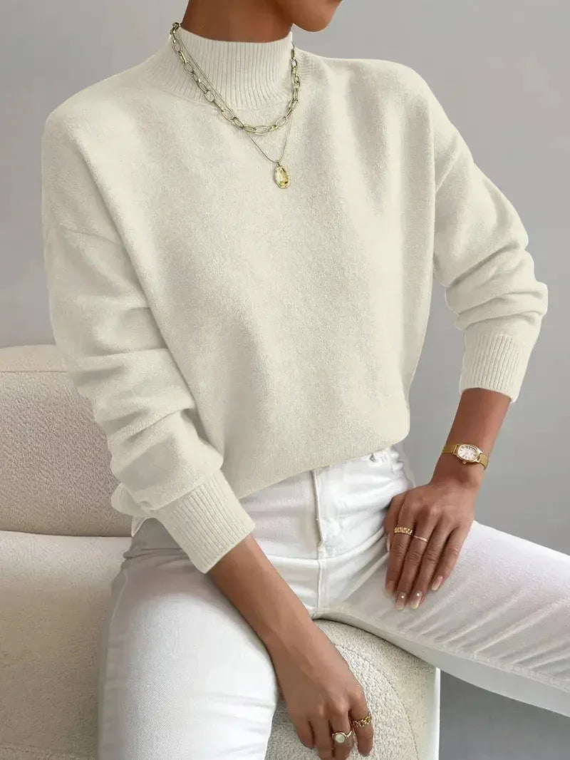 Women's Pullover Sweater Casual Solid Color Mid-high Neck Long-sleeved Knitted Tops Clothing - DanaFashionstore