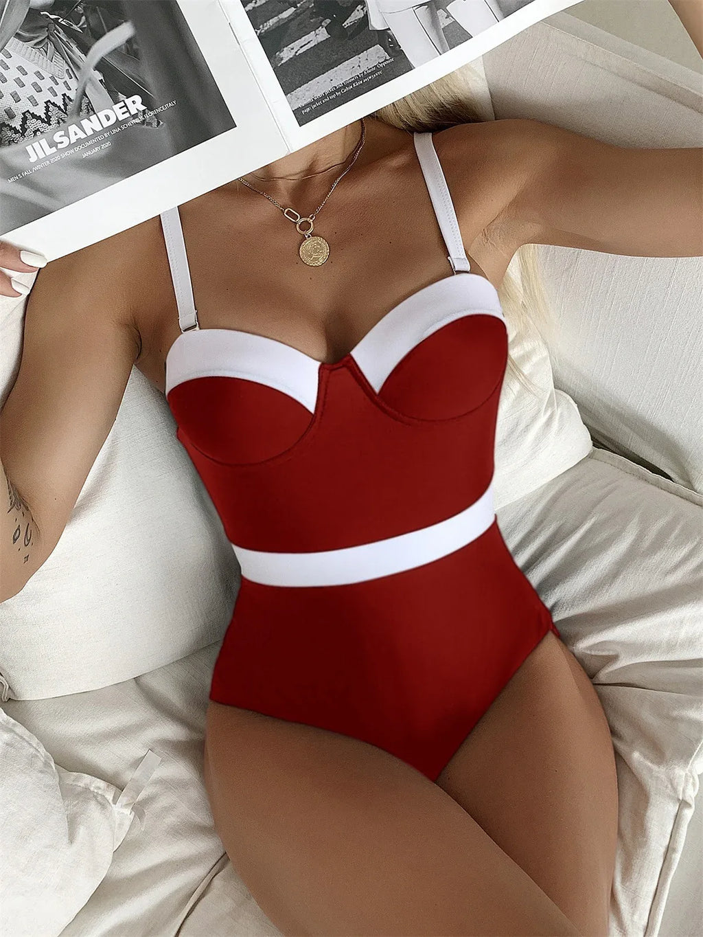 Push Up Contrast Color Fashion Bikini One-piece Swimsuit - DanaFashionstore