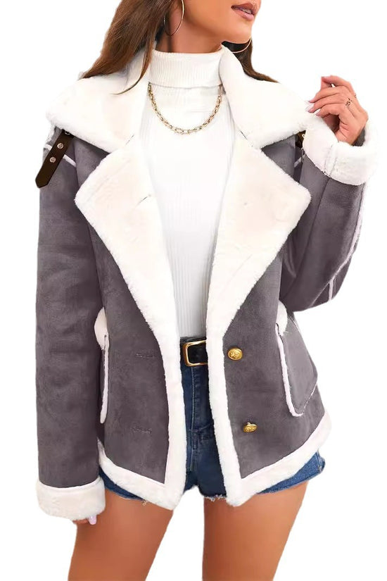 Fashion Polo Collar Plush Jacket Winter Warm Casual Jacket