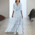 Printed Long Sleeved V-neck Patchwork Dress