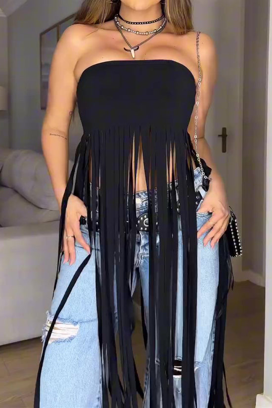 Black Bandeau Fringe Top