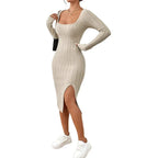 Square Collar Knitted Dress Women 2026 - Long Sleeve Geometric Dress - DanaFashionstore