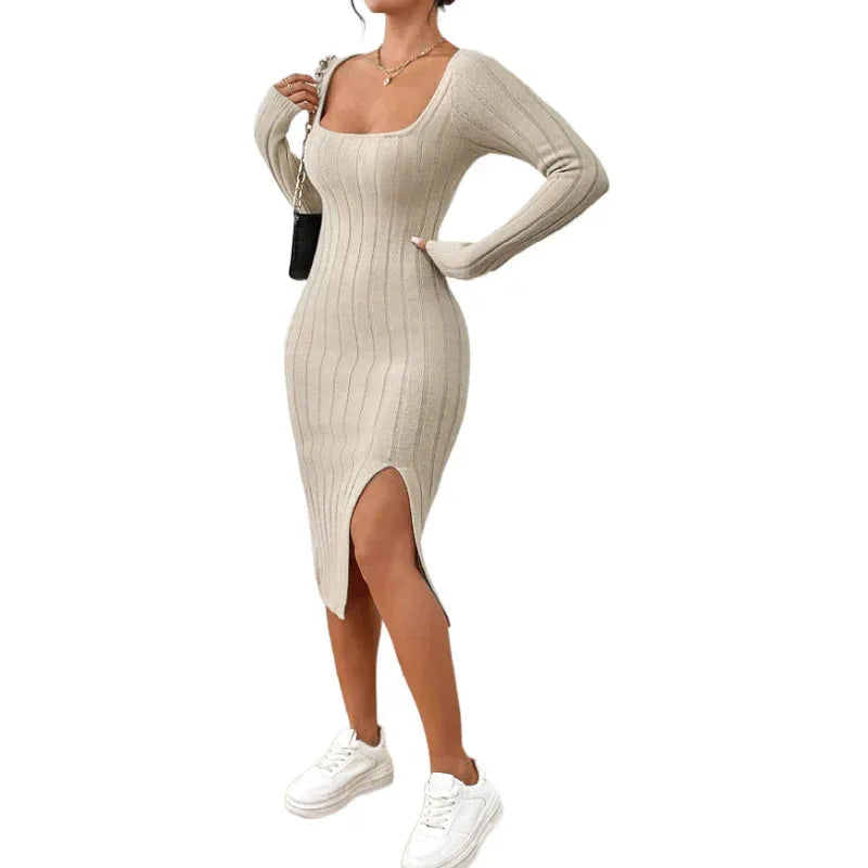 Square Collar Knitted Dress Women 2026 - Long Sleeve Geometric Dress - DanaFashionstore