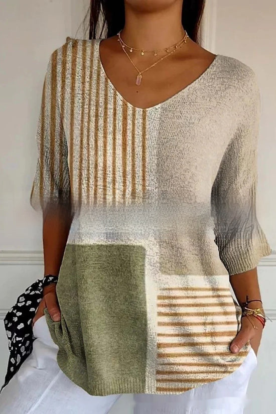 New Fashion Casual V-neck 3D Printed Geometric Pattern Half Sleeve T-shirt Top For Women