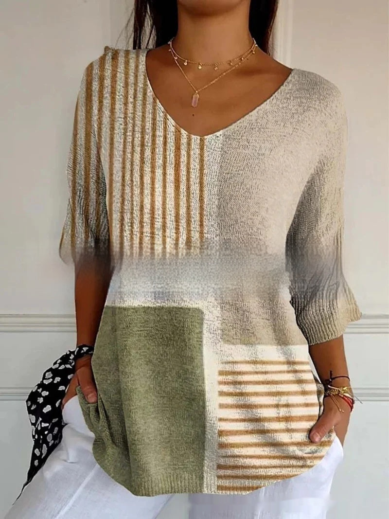 New Fashion Casual V-neck 3D Printed Geometric Pattern Half Sleeve T-shirt Top For Women