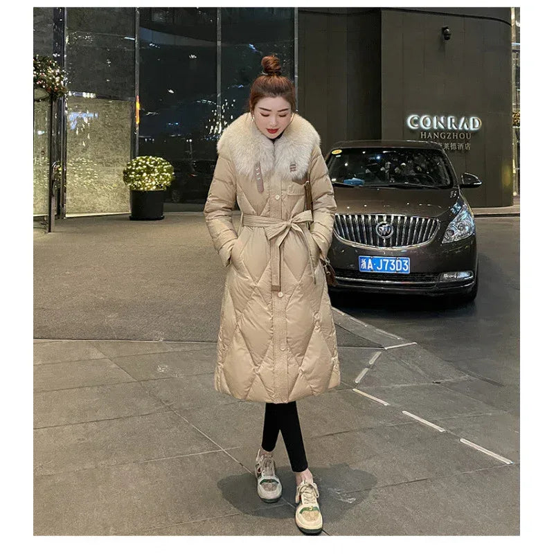 White Duck Slim Fit Down Jacket 2026 - Overknee Mid-Length Big Fur Collar Coat - DanaFashionstore