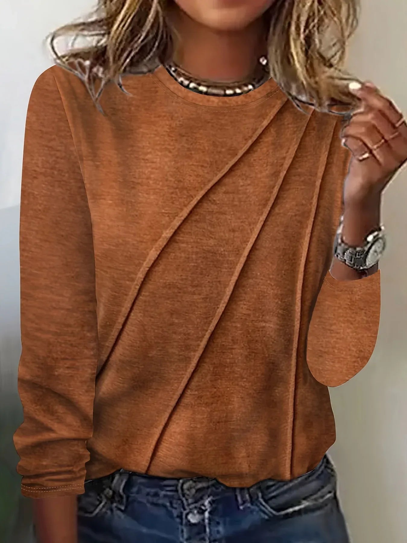 Long Sleeve Geometric-Pattern Ruched Bust Crew Neck T-Shirt - DanaFashionstore