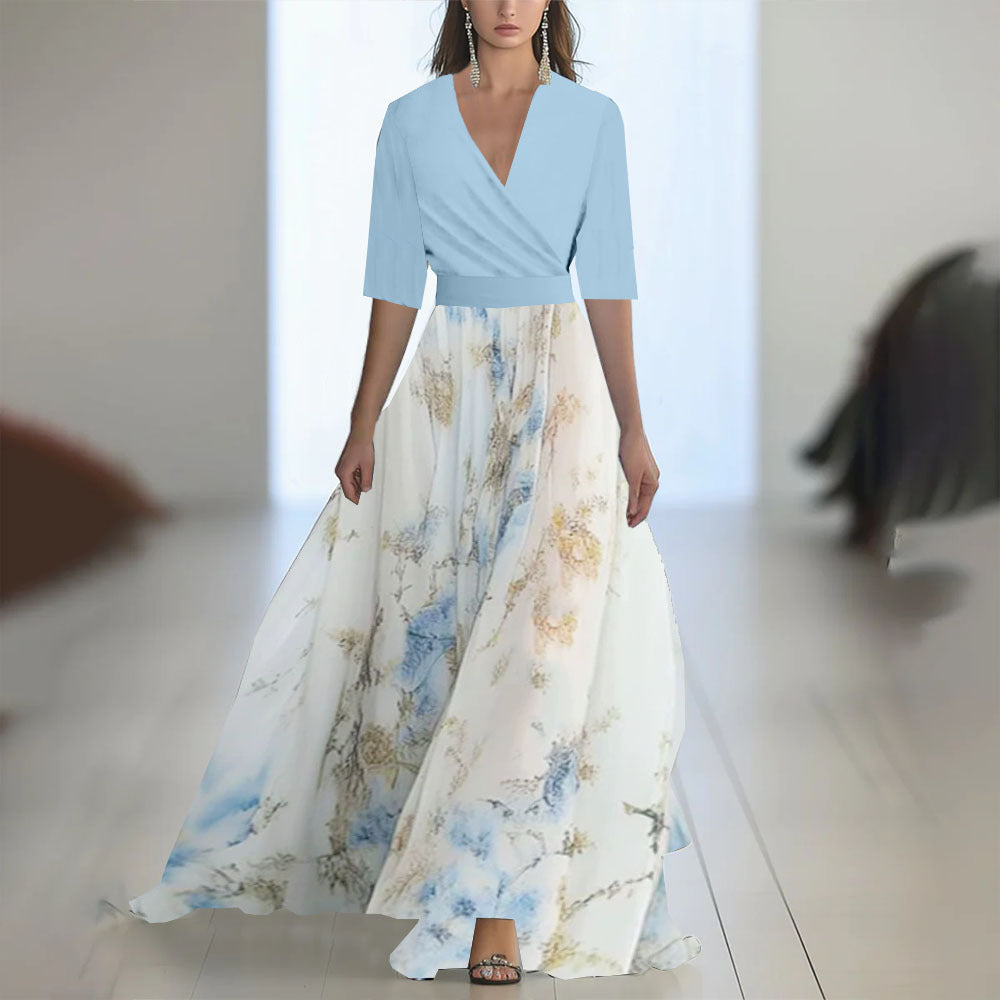 Printed Long Sleeved V-neck Patchwork Dress
