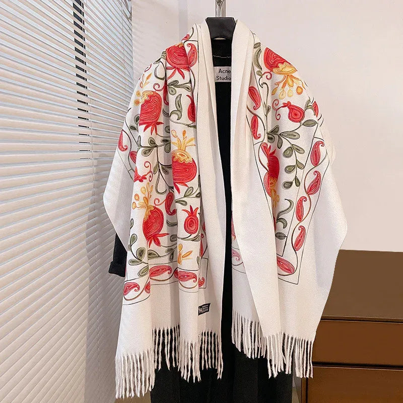 Contrast Color Pomegranate Leaf Embroidered Double-sided Shawl - DanaFashionstore