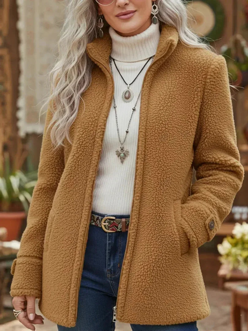 Womens Stand-Up Collar Solid-Color Loose Casual Long-Sleeve Fleece Zip-Up Jacket - DanaFashionstore