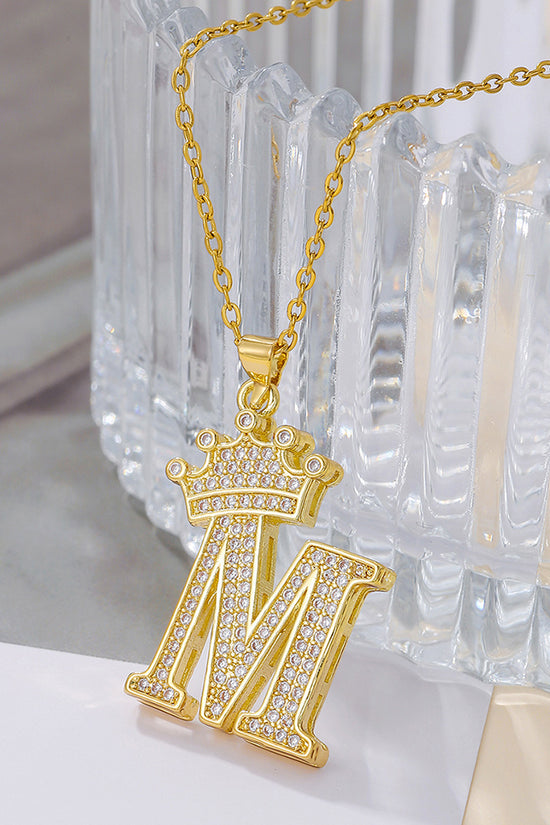 1PCS Fashionable Gold Diamond Crown Uppercase Letter Popular Pendant Necklace Suitable For Daily Use Festivals Parties Gifts Jewelry Set