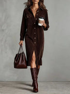 Turn-Down Collar Buttons Chic Casual Dress, Women Spring Autumn Solid Simple Party Dress, Long Sleeve Holiday Ladies Dress - DanaFashionstore