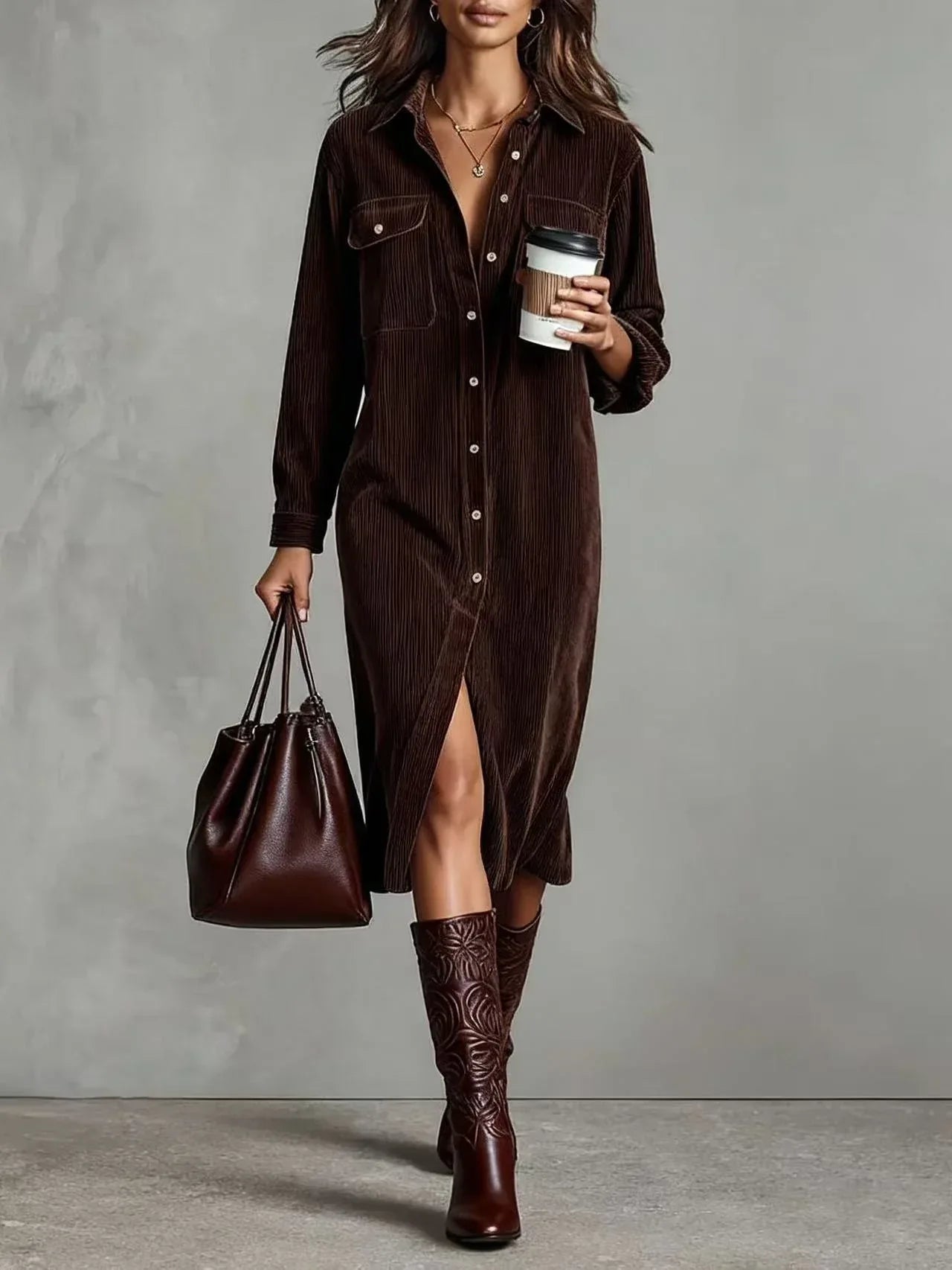 Turn-Down Collar Buttons Chic Casual Dress, Women Spring Autumn Solid Simple Party Dress, Long Sleeve Holiday Ladies Dress - DanaFashionstore