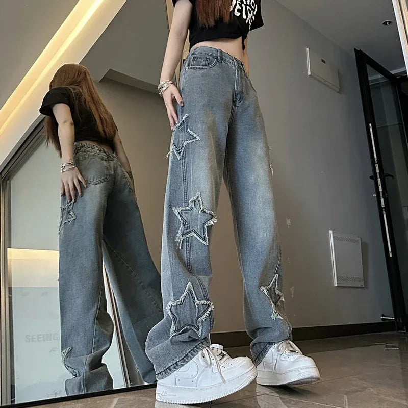 Blue XINGX Embroidered Jeans Women Loose Straight-leg Wide-leg Pants - DanaFashionstore