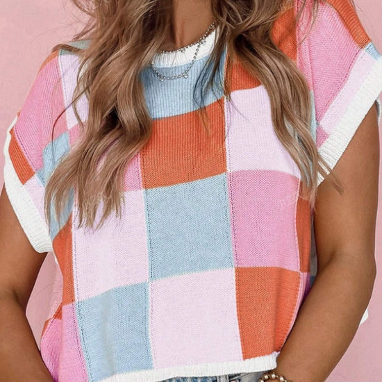 Women's Colorful Plaid Crop Tops Crew Neck Short Sleeved