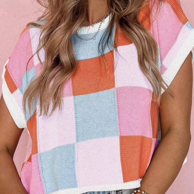 Women's Colorful Plaid Crop Tops Crew Neck Short Sleeved - DanaFashionstore