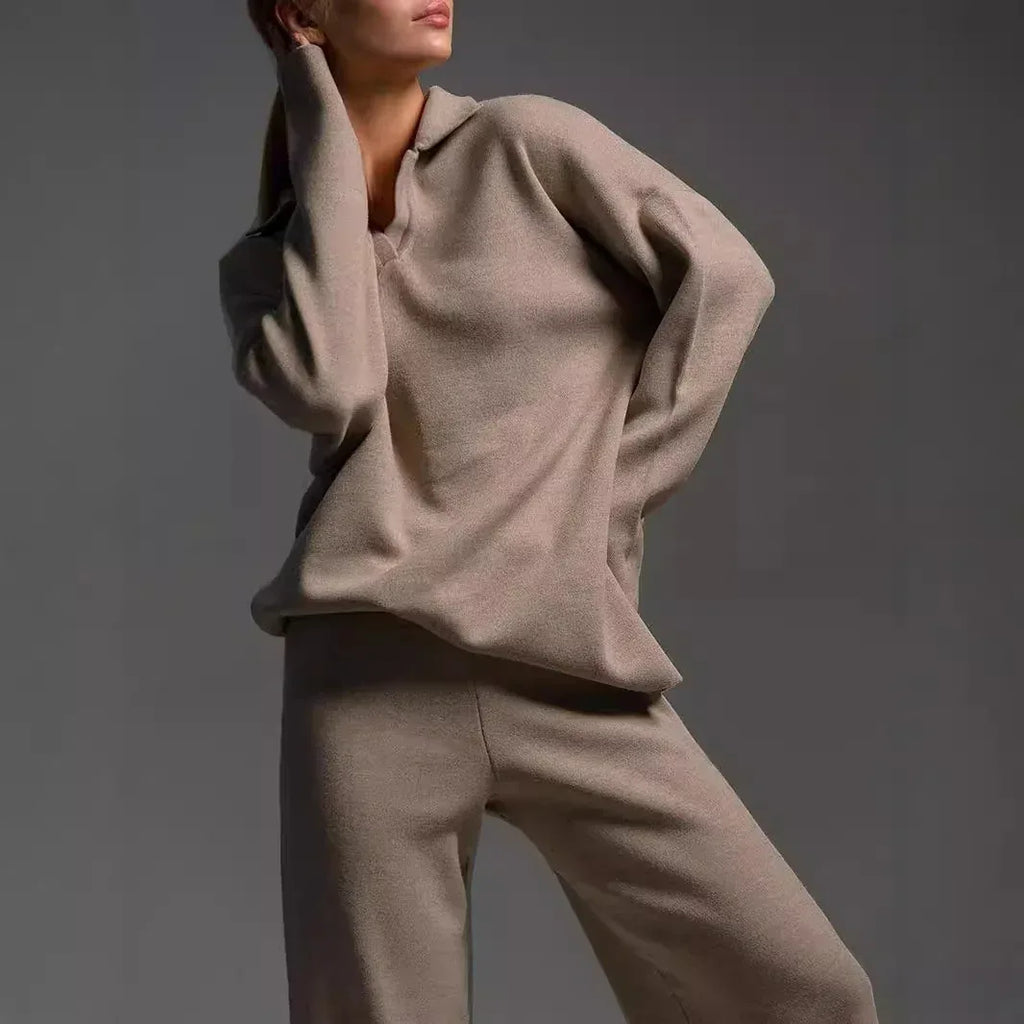 Women's Sweatshirt Suit Casual Collared Long-Sleeved Pullover Top And Loose Straight-Leg Pants Fashion Sport Trousers Set - DanaFashionstore