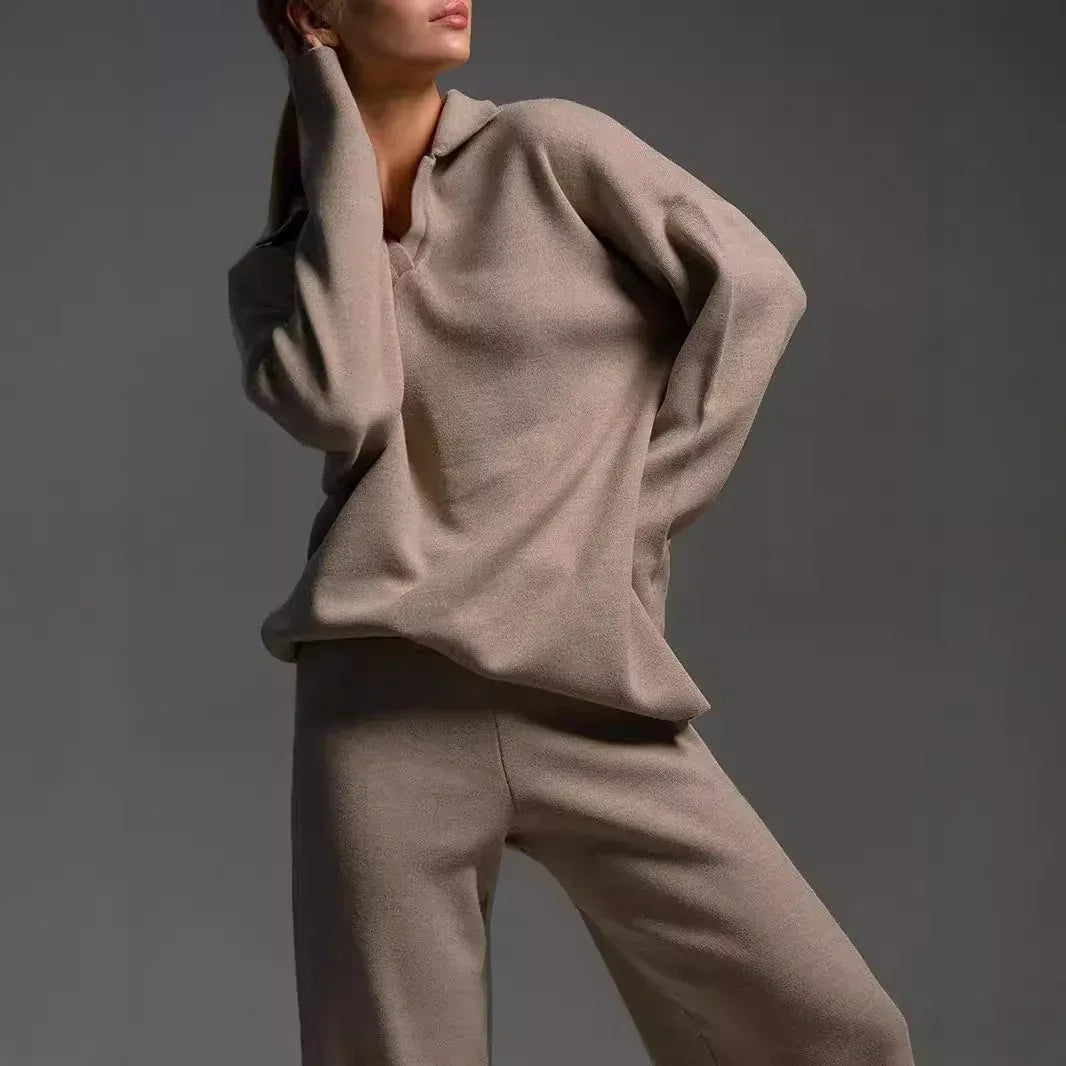 Women's Sweatshirt Suit Casual Collared Long-Sleeved Pullover Top And Loose Straight-Leg Pants Fashion Sport Trousers Set - DanaFashionstore