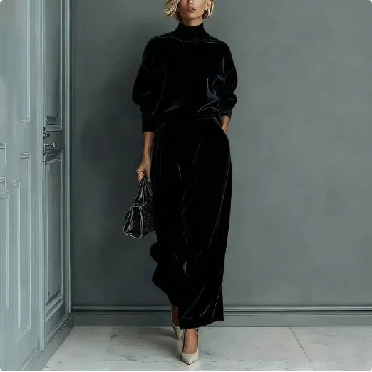 Casual Warm Velour Long-sleeved Solid Color High-neck Zipper Wide-leg Sportswear - DanaFashionstore