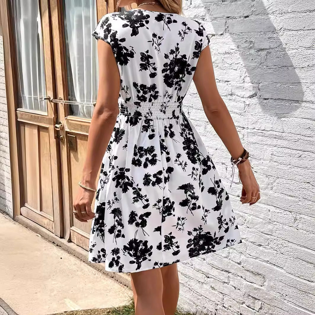 New Printed V-neck Short Sleeve Dress