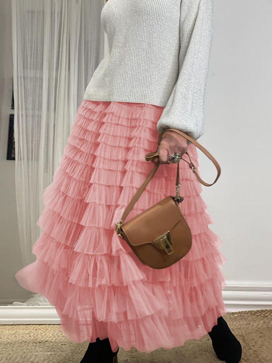 Layered Ruffles Cake Skirt Summer Fashion A Line Swing Mesh Long Skirt Party Dress Women
