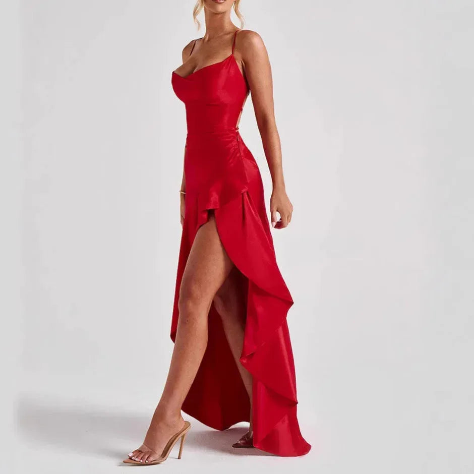 Women's Backless Ruffles Irregular Dress Summer Fashion Evening Party Club Split Suspender Maxi Dresses Clothing - DanaFashionstore