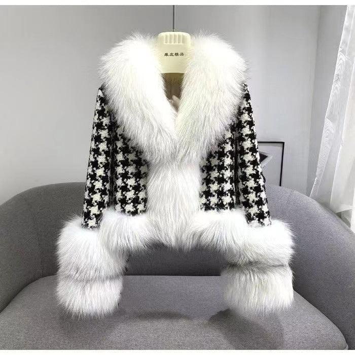 Fur Coat Women's Short Houndstooth Fur Collar Silver Fox Fur Jacket - DanaFashionstore