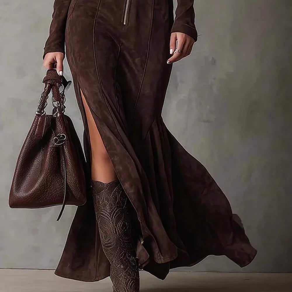 Slim Zipper Dress Elegant Temperament Split Long-sleeved Dresses Cowboy Fashion Retro Women's Clothing - DanaFashionstore