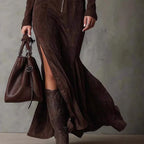 Slim Zipper Dress Elegant Temperament Split Long-sleeved Dresses Cowboy Fashion Retro Women's Clothing - DanaFashionstore