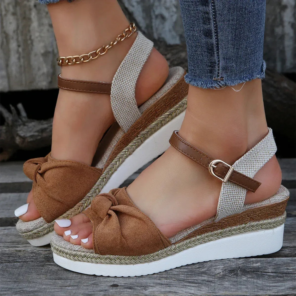 New Thick-soled Bow Sandals Summer Fashion Casual Linen Buckle Wedges Shoes For Women - DanaFashionstore