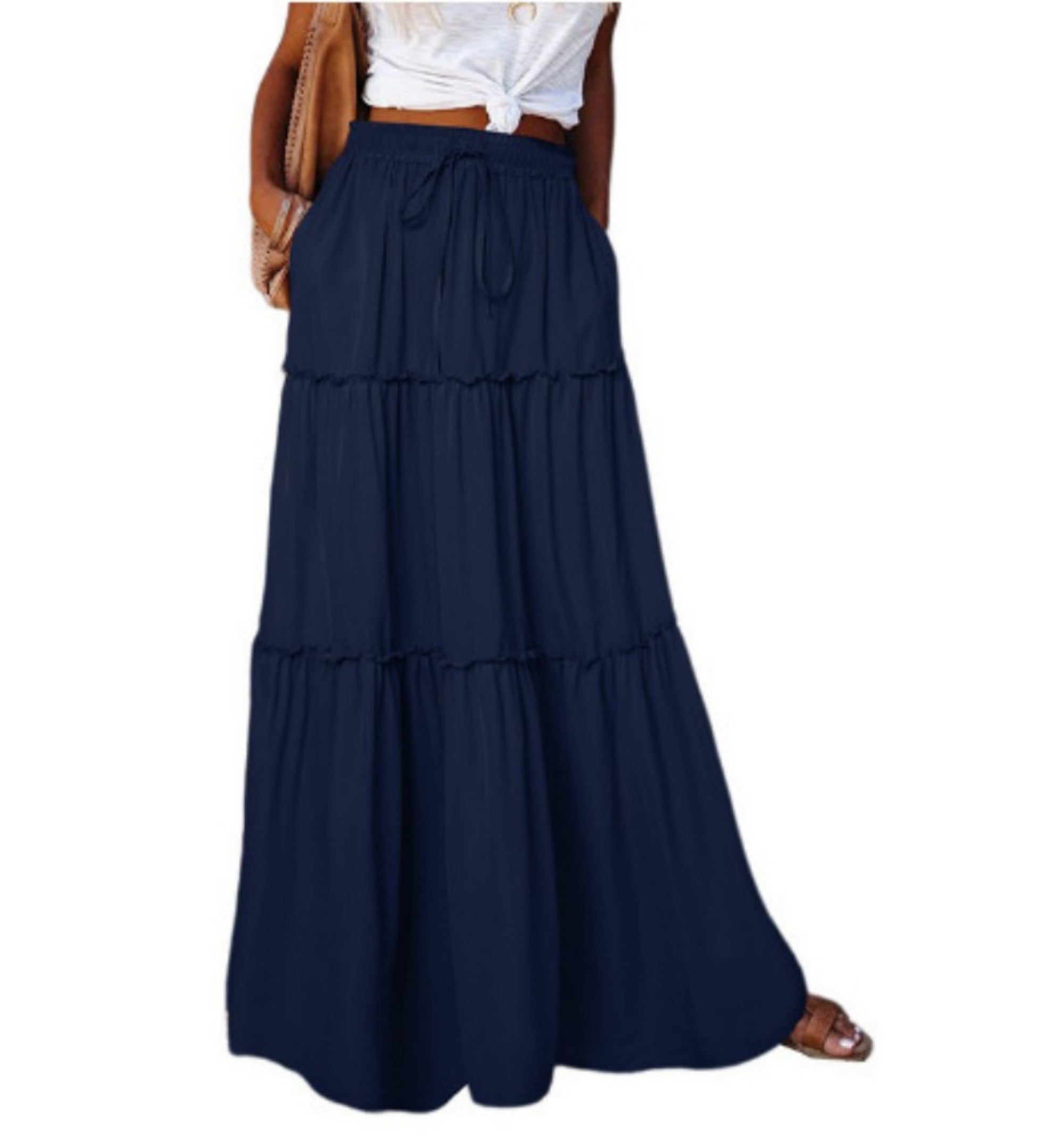Women's Elastic High Waist A-Line Pleated Casual Maxi Dress