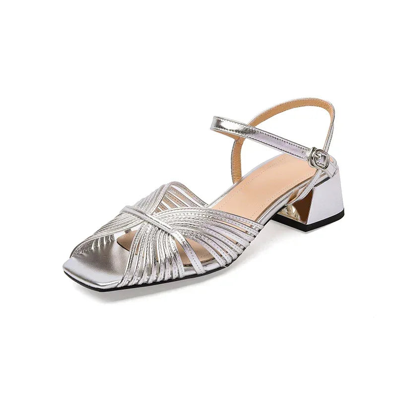 Thick Mid Heel Square Toe Open Toe Buckle Strap Peep Toe Sandals - DanaFashionstore