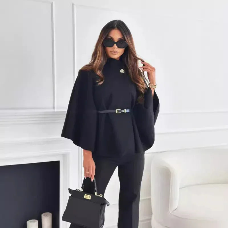 New Stand Collar Batwing Sleeves Cloak Top With Belt Ins Fashion Temperament Jacket Woolen Sweater Outwear For Women Clothing - DanaFashionstore