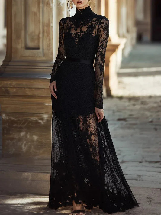 Women's Solid-color Hollow-out Vintage Stand-collar Long-sleeve Lace Maxi Dress With A Fitted Waist - DanaFashionstore