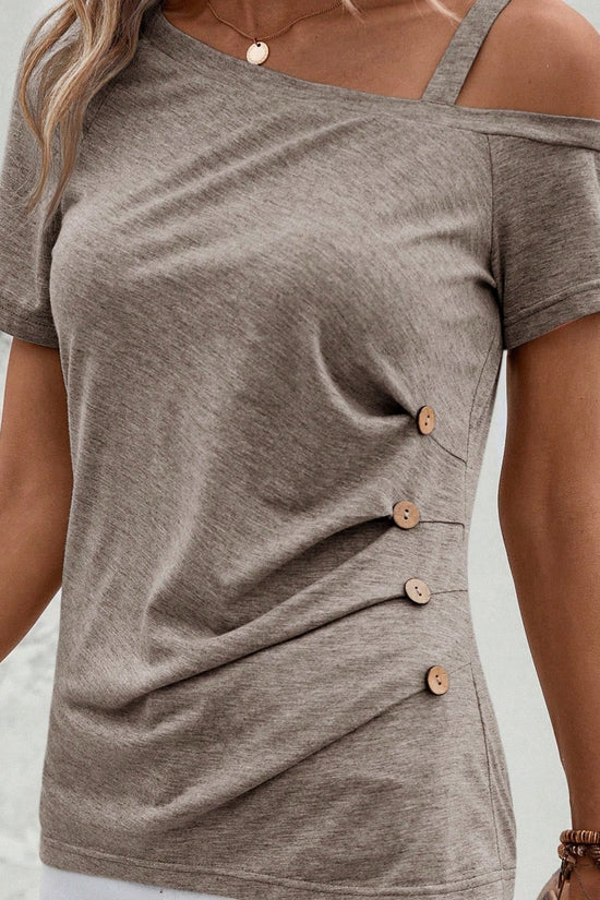 EMERY ROSE Asymmetrical Collar Button Detail T-Shirt