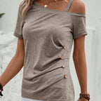 EMERY ROSE Asymmetrical Collar Button Detail T-Shirt - DanaFashionstore