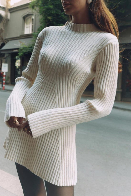 Fashion Solid Ribbed Knitted Dress Fall And Winter Slim-fit Stand-up Collar A-line Dresses Women's Clothing