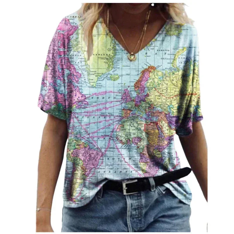 Map Print V-Neck Short-Sleeved T-Shirt - DanaFashionstore