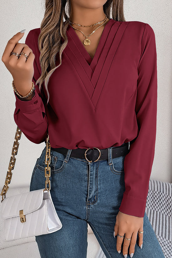 Fashion V-Neck Long Sleeve Shirt Elegant Commuter Solid Blouse Office Women's Clothing