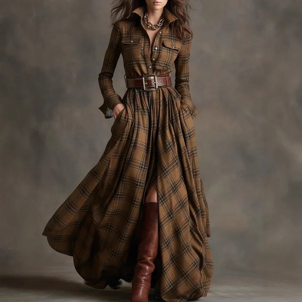 Ins Plaid Print Long-Sleeved Dress Fashion Pockets Collared Buttons Shirt Long Dresses Retro Women's Clothing - DanaFashionstore