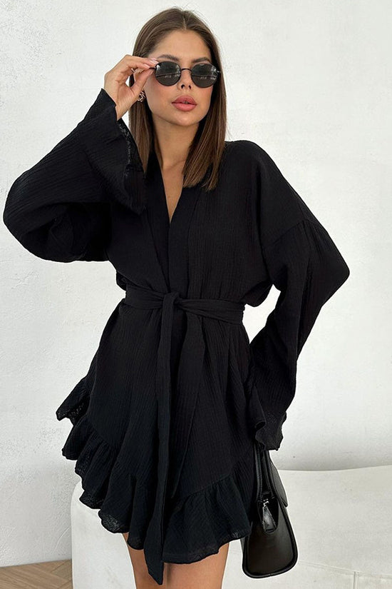 Long-sleeved Pajamas Crepe Cotton Ruffles Nightgown Shorts Suit Loose Cross-border Home Wear - Dana Fashion