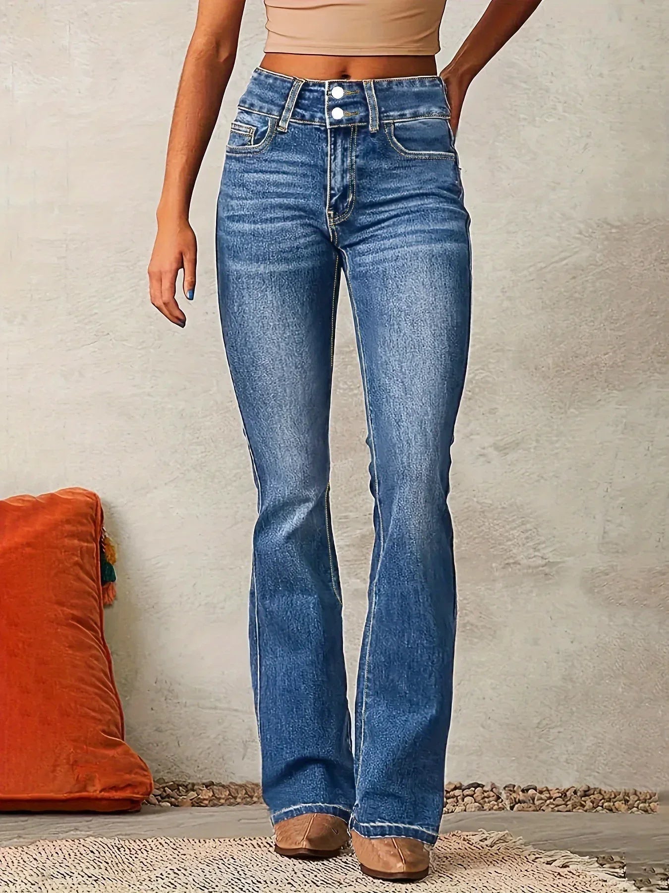 Skinny Flared Jeans With Pockets Fashion Button Zipper Trousers Women's Slim Denim Pants - DanaFashionstore