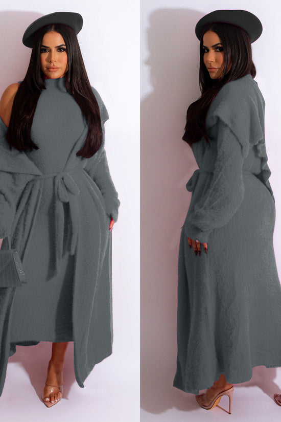 Autumn And Winter Elegant Dress Long Cardigan Velvet Two-piece Suit