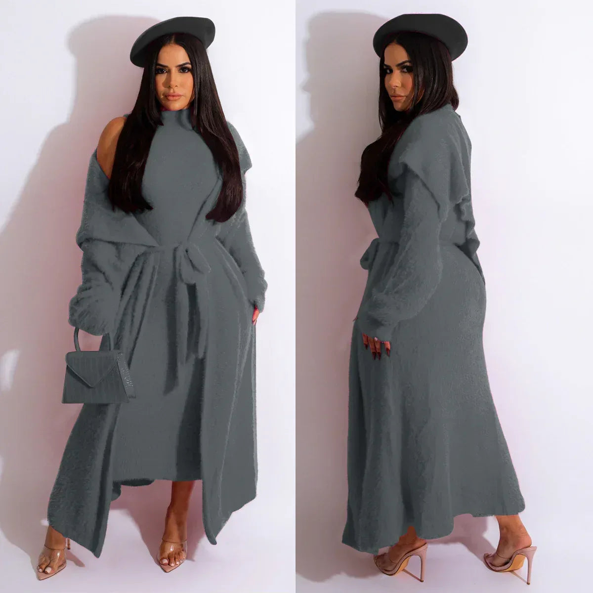 Autumn And Winter Elegant Dress Long Cardigan Velvet Two-piece Suit - DanaFashionstore