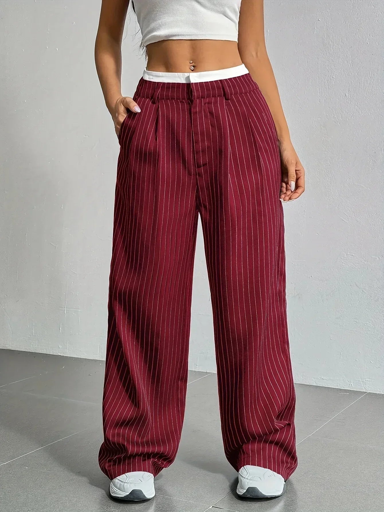 Stripe Printed Trousers Fashion High Waist Straight Leg Pants With Pocket Zipper Casual Suit Pants For Women - DanaFashionstore